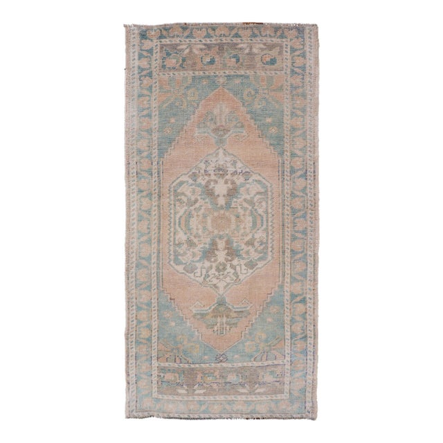 Vintage Turkish Oushak Rug With Soft Peach Field and Pale Aqua Accents For Sale