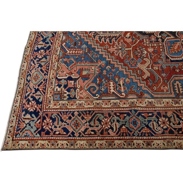 Rust Antique Persian Heriz Handmade Wool Rug With Medallion Design For Sale - Image 4 of 11