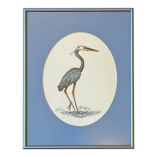 Vintage Signed & Numbered Blue Heron Etching - Framed & Matted For Sale