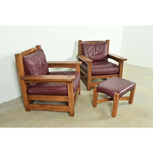 Mission Stickley Mission Oak Arts & Crafts Eastwood Lounge Chairs With Ottoman For Sale - Image 3 of 14