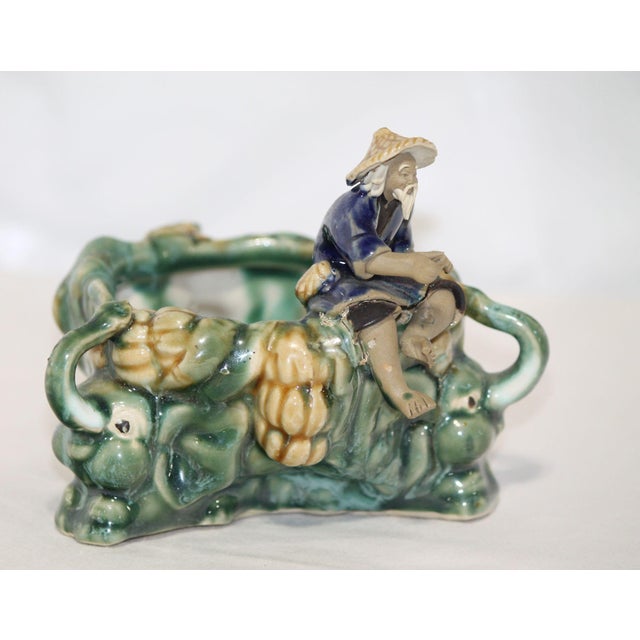 1910s Antique Majolica Glazed Chinese Mudman and Elephant Planter For Sale - Image 5 of 9