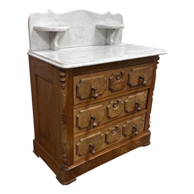 Oak Washstand Marble Top + Backsplash, Antique For Sale