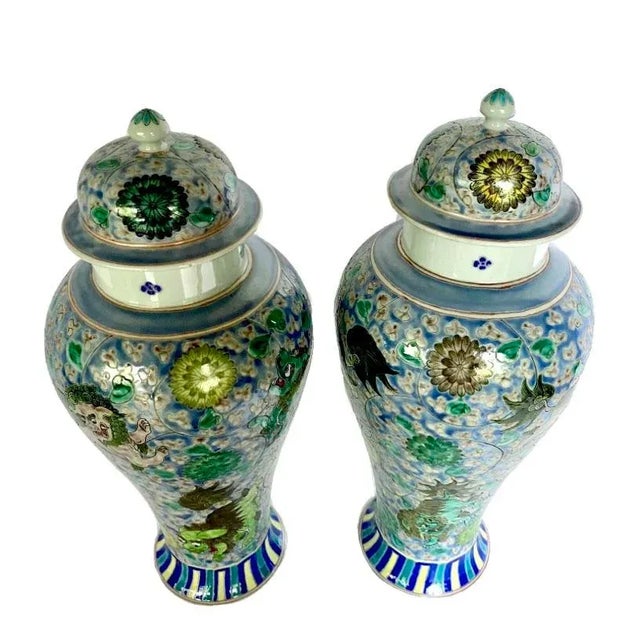 Pair of Mid 20th Century Chinese Porcelain Famille Rose Reproduction Foo Dog Temple Jars For Sale - Image 6 of 9