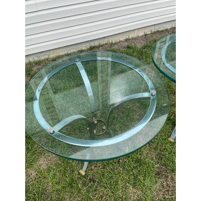 Mid-Century Modern Pair of Vintage French Glass, Steel and Brass Round Side Tables Attributed to Maison Jansen For Sale - Image 3 of 7