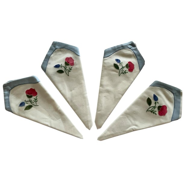 Vintage Set of 4 Placemats & Matching Napkins Early to Mid 20th Century Blue Farmhouse Embroidered Tatting Shabby Chic Traditional English Cottage For Sale - Image 11 of 14