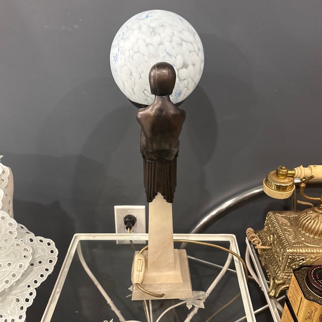 Vintage Art Deco Revival Figural Table Lamp With Bronze-Tone Egyptian Maiden & Mottled Glass Globe For Sale - Image 4 of 6