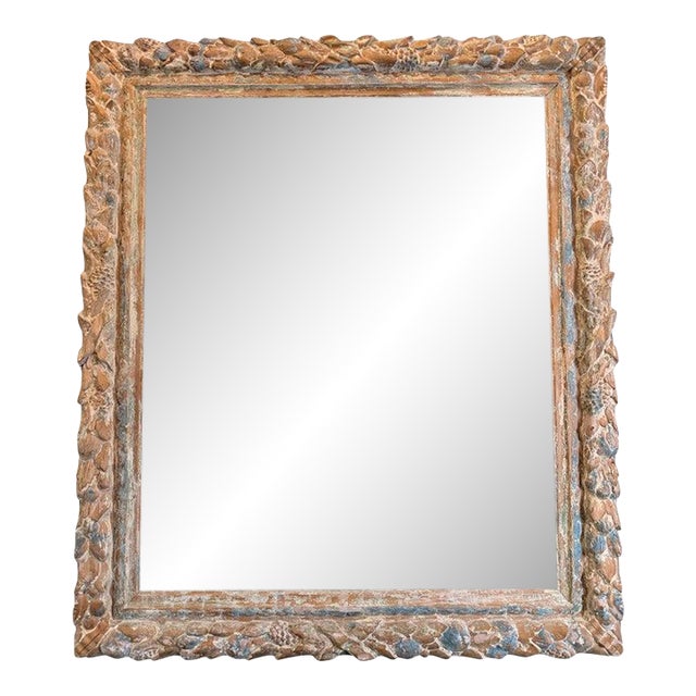 Antique French Carved Wood Mirror With Foliate Frame and Original Foxed Glass For Sale