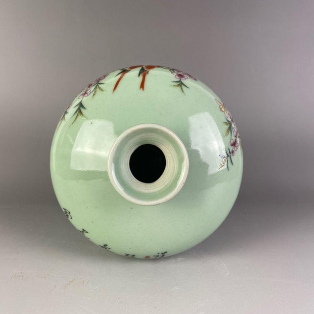 Chinese Vintage Chinese Celadon Famille Rose "Phoenix & Peony" Mei Vase, Tongzhi Mark For Sale - Image 3 of 5