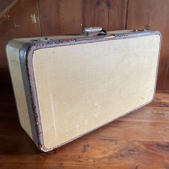 Viintage Suitcase Brown Woven Tweed and Leather Trim For Sale - Image 10 of 10