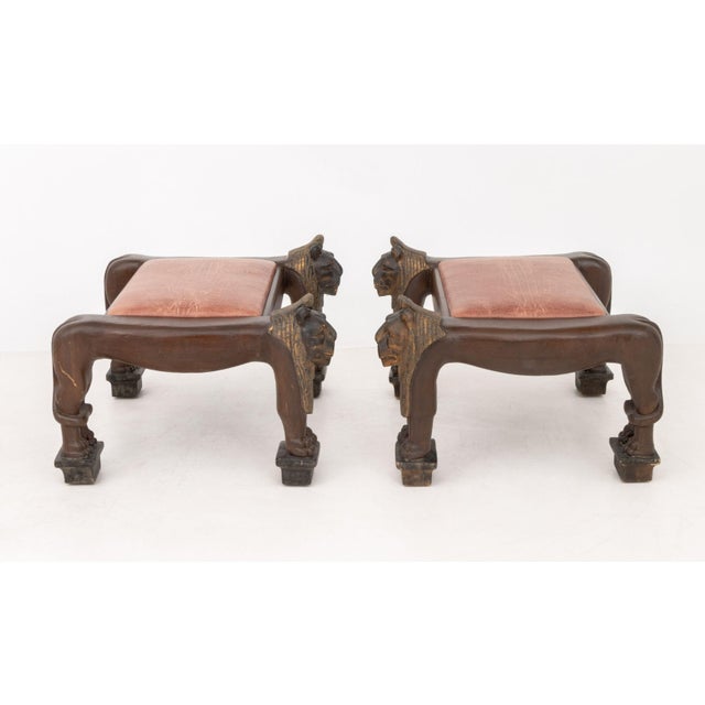 Brown Egyptian Revival Carved Wood Lion Benches, Pair For Sale - Image 8 of 10