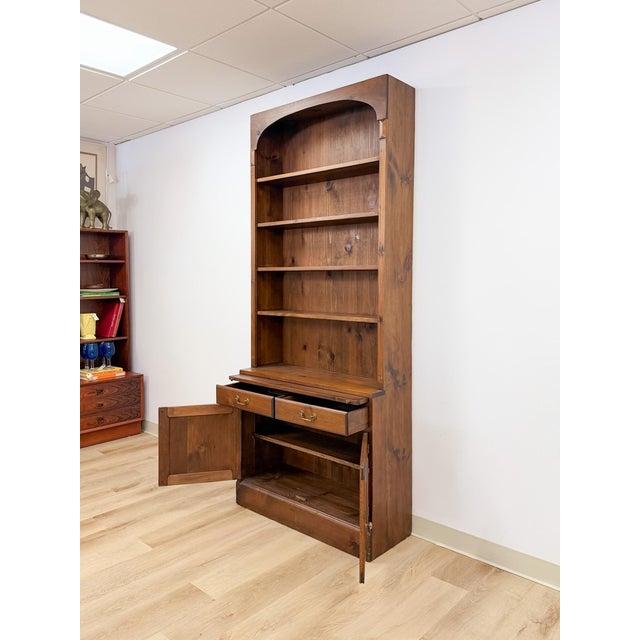Handmade Pine Walnut Tone Bookcase Desk Drawers Cabinet Antique Style For Sale - Image 9 of 16