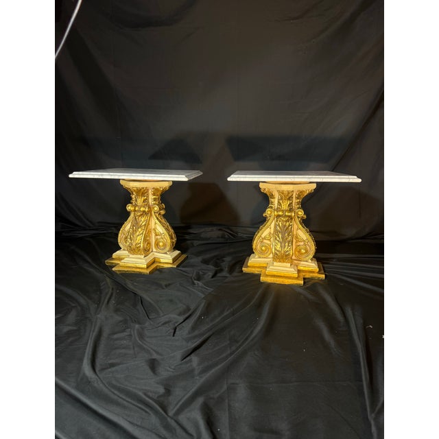 Pair of 1970 Fuggiti Studios Gilt Marble Top Pedestal Side Tables For Sale - Image 9 of 12