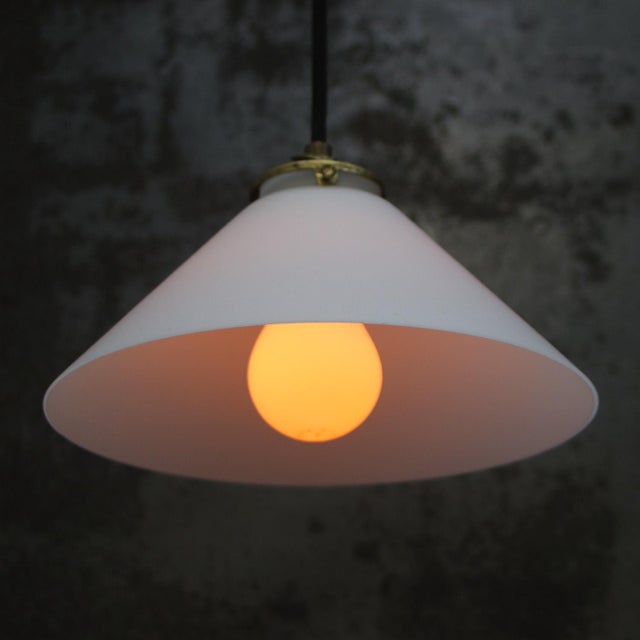 Industrial French White Mat Opaline Glass and Brass Pendant Light For Sale - Image 3 of 9