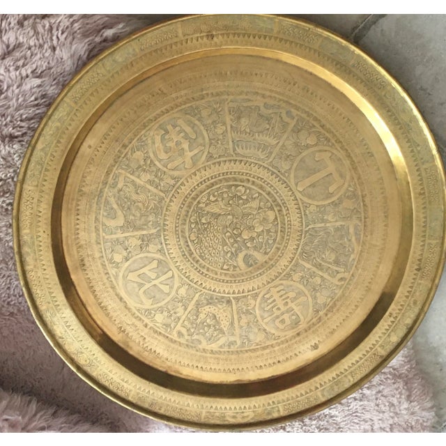 Mid-Century Modern Vintage Asian Two Tier Brass Tray Table on Ebonized Folding Stand For Sale - Image 3 of 12