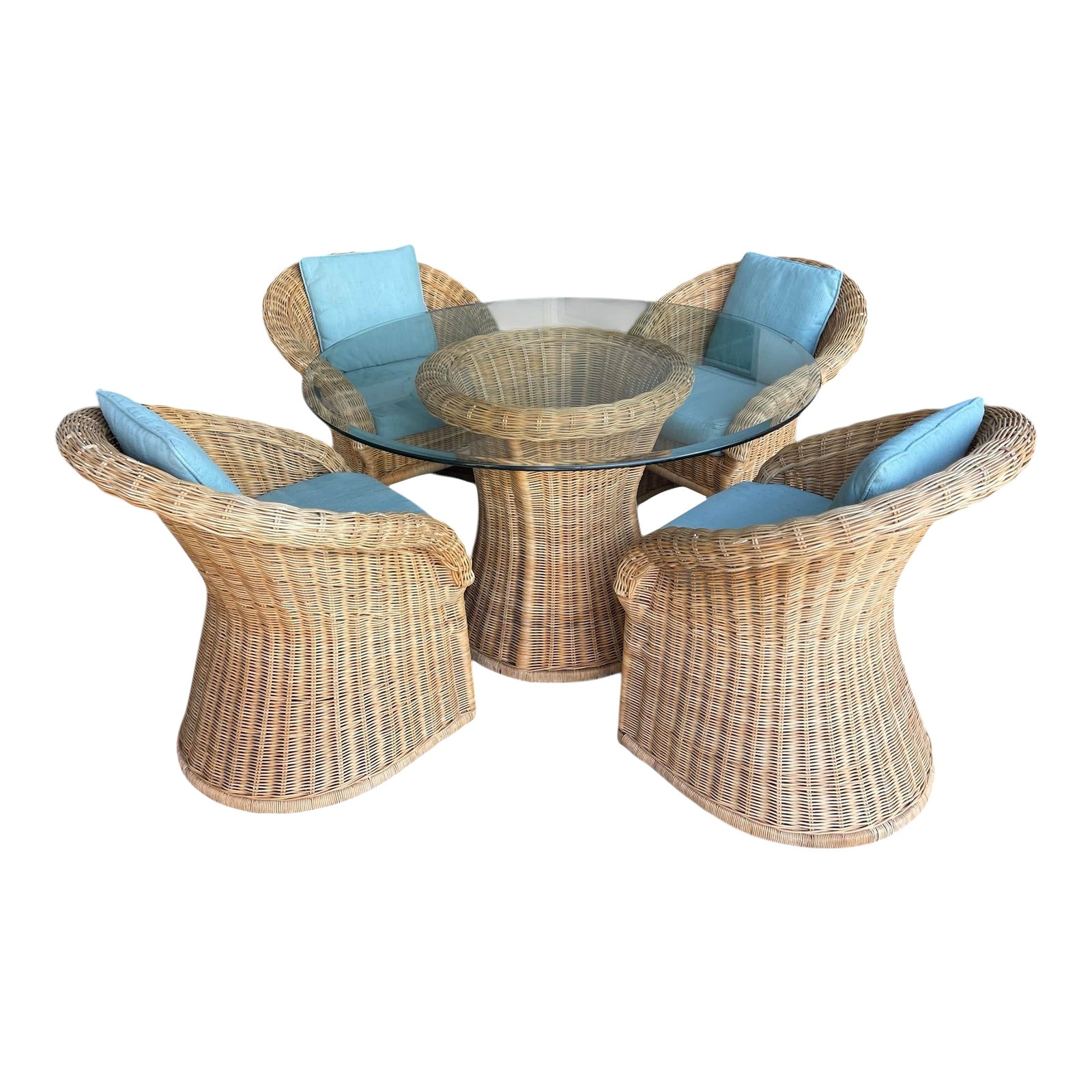 Vintage Organic Modern Wicker Pedestal Dining Table & 4 Barrel Chairs ...