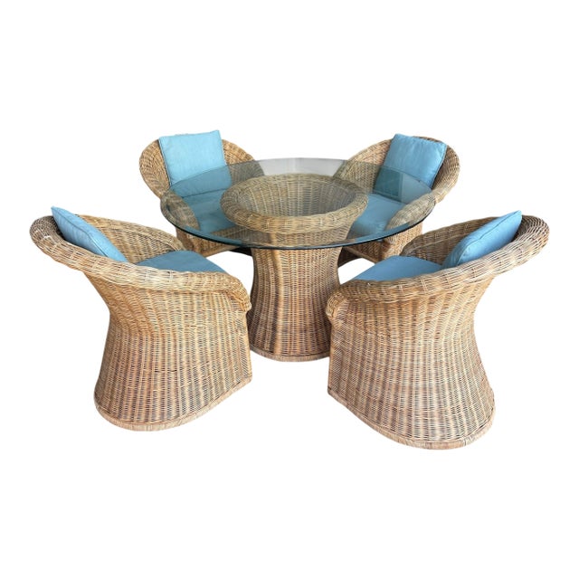 Vintage Organic Modern Wicker Pedestal Dining Table & 4 Barrel Chairs, 48” Glass Top For Sale