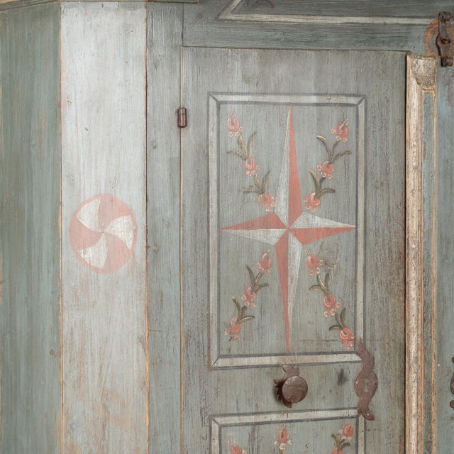 Wood Original Blue Painted Pine Two Door Armoire Dated 1810 For Sale - Image 7 of 11