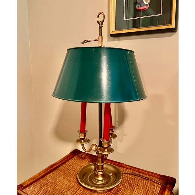 Maison Millet a Paris Bronze Bouillotte Late 19th Century With Three Candelabra Lamps Forest Green Shades - A Pair For Sale - Image 11 of 11