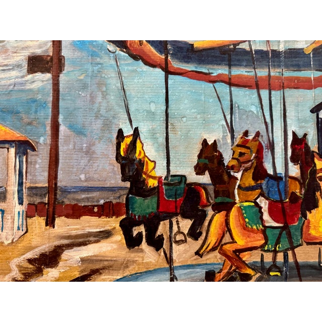 Rustic Henry Emil Salloch Original Watercolor on Paper Seaside Boardwalk Carousel in the Evening, 1945. For Sale - Image 3 of 8