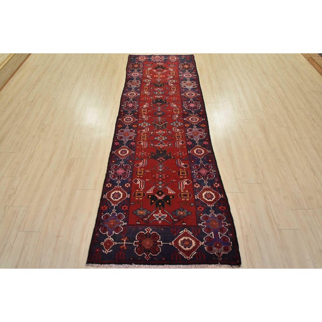 Cabin Hamedan Runner 3’6” X 9’8” Red Wool Vintage Tribal Hand-Knotted Oriental Rug For Sale - Image 3 of 14