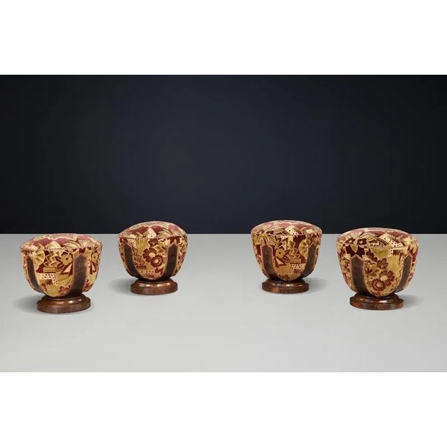 Vintage Italian Art Deco Walnut and Velvet Poufs, 1930s, Set of 4 For Sale - Image 4 of 18