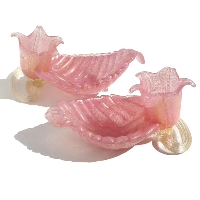 Priced per item (4 available as shown). Beautiful vintage Murano hand blown, pink and gold flecks Italian art glass leaf...