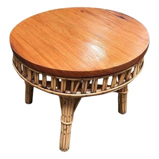 1950s Restored Round Stick Rattan Coffee Table with Mahogany Top For Sale