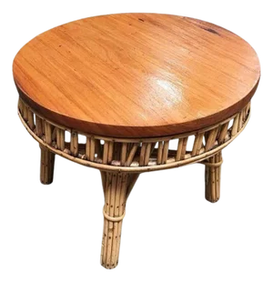 1950s Restored Round Stick Rattan Coffee Table with Mahogany Top
