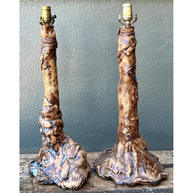 Vintage Hand Made Faux Bois Ceramic Lamps - A Pair For Sale - Image 12 of 12