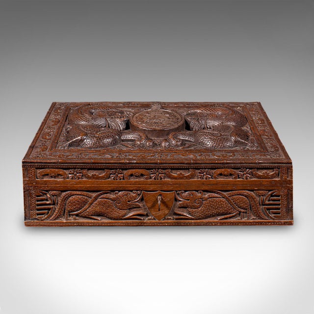 Art Deco Vintage Carved Cigar Box, Oriental, Teak, Keepsake, Jewellery Case, Art Deco For Sale - Image 3 of 12