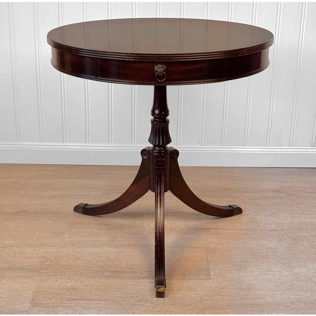 Vintage Traditional Mahogany Round Drum Table W/ Lions Head Pulls For Sale - Image 4 of 13
