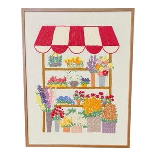Late 20th Century Framed Handmade Needlepoint Market Flower Shop For Sale