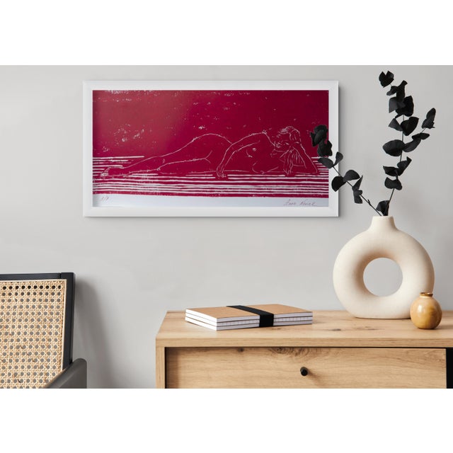 Raspberry Red “Nude on the Sofa” Original Hand-Pulled Linocut Nude Figure Limited Edition of 3 Art by Anna Novick. Hand Signed and Numbered 3/3 For Sale - Image 8 of 9