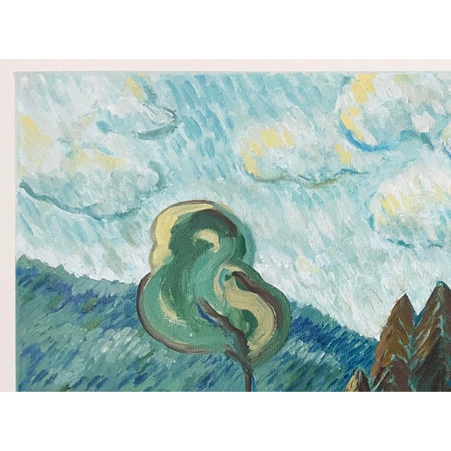This is a tranquil abstract impressionist landscape of trees and high meadow expressed with playful strokes of green,...