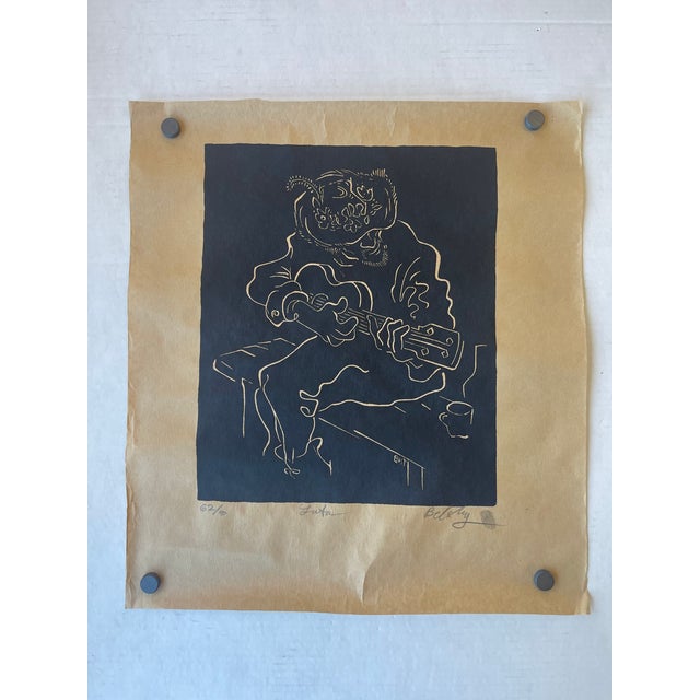 Figurative "Luta" Limited Edition Linocut Print by Belsky, Numbered 62/100, Hand Signed With Fingerprint, Modern Figurative Guitarist Portraitur. For Sale - Image 3 of 10