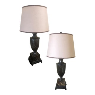Wildwood Marble Urn Lamps With Shades and Bronze Base With Detail; Pristine; Discontinued - a Pair For Sale