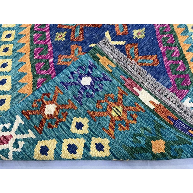 4'5" X 5'10" Green Afghan Chobi Kazak Geometric Wool Flatweave Kilim Rug For Sale - Image 13 of 16