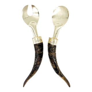 Vintage Silver-Plated Horn-Handled Serving Set — Salad Fork & Spoon, Rustic Lodge Style For Sale
