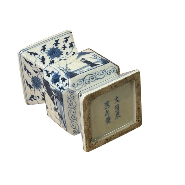Vintage Pale Blue White Scenery Graphic Square Porcelain Vase For Sale - Image 9 of 9