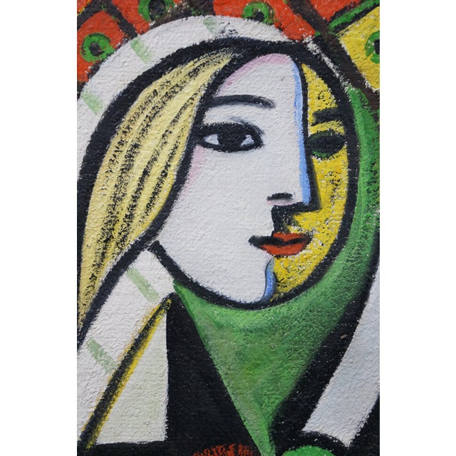 Wood Late 20th Century Girl Before a Mirror Oil Painting After Pablo Picasso Cubism Canvas Framed 25" For Sale - Image 7 of 11