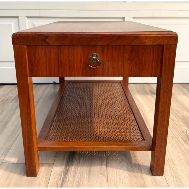 1960s 1960s Walnut-Toned Side Table With Geometric Openwork Shelf For Sale - Image 5 of 14