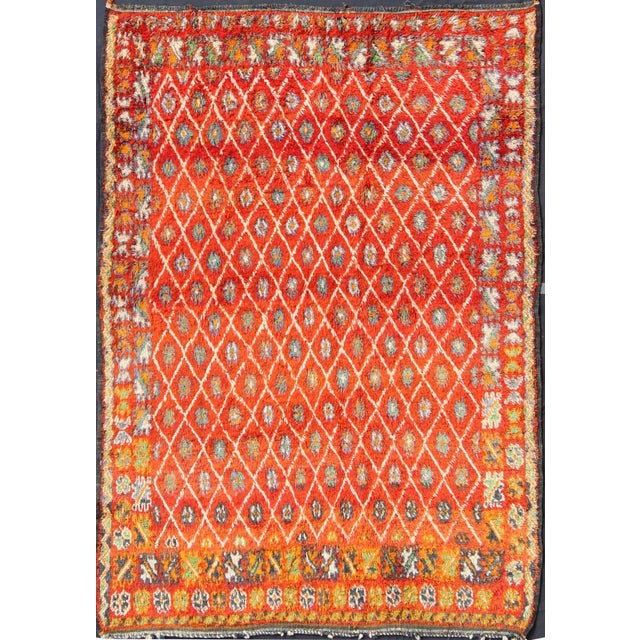 Textile Mid 20th Century Orange and Red Background Vintage Moroccan Rug With All-Over Diamond Pattern For Sale - Image 7 of 7