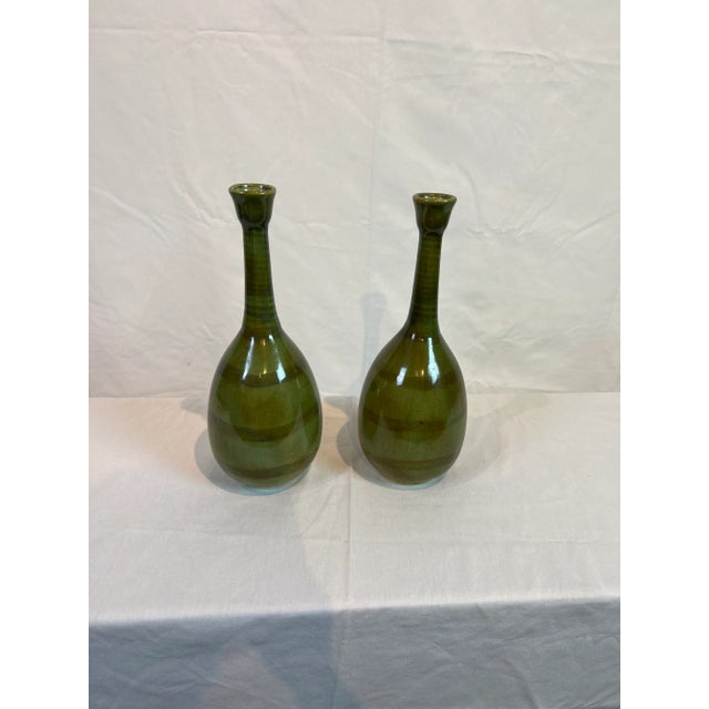 Green Vases with Crackle Glaze and Aged Green Finish - a Pair For Sale - Image 10 of 11