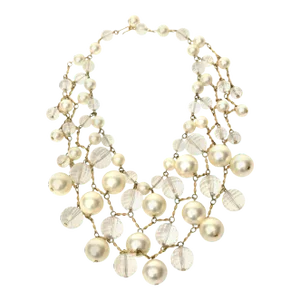 Vintage Faux Pearl, Faceted Lucite and Brass Bib Multi Strand Collar Necklace