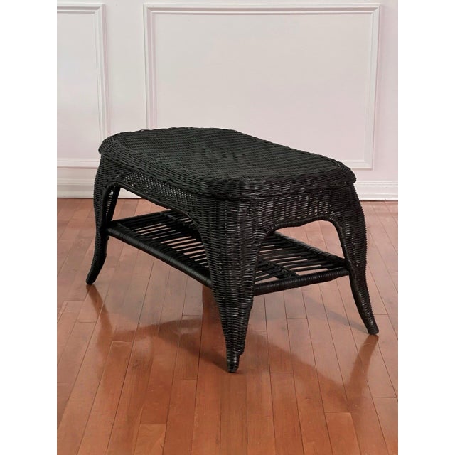 French Small Wicker Woven Coffee Table in Black With Lower Rattan Shelf, C. 1970 For Sale - Image 4 of 16