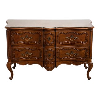 Vintage Baker Furniture French Provincial Walnut Commode / Serpentine Dresser With Brass Hardware For Sale