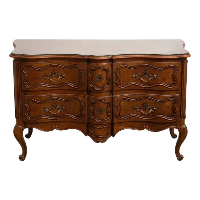 Vintage Baker Furniture French Provincial Walnut Commode / Serpentine Dresser With Brass Hardware For Sale