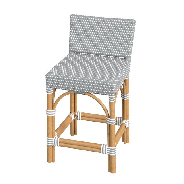 Gray Serienna 24.5 in. Seat Height Rectangular Rattan Low Back Counter Stool, Gray/White Dot / Natural Rattan Frame For Sale - Image 8 of 8