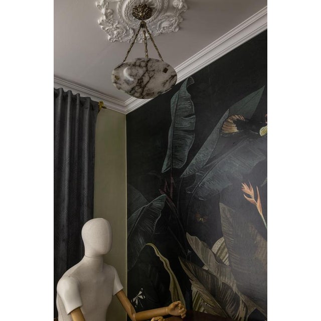 Metal French Art Deco White Alabaster Pendant Light with Dark Veining, 1920 For Sale - Image 7 of 18