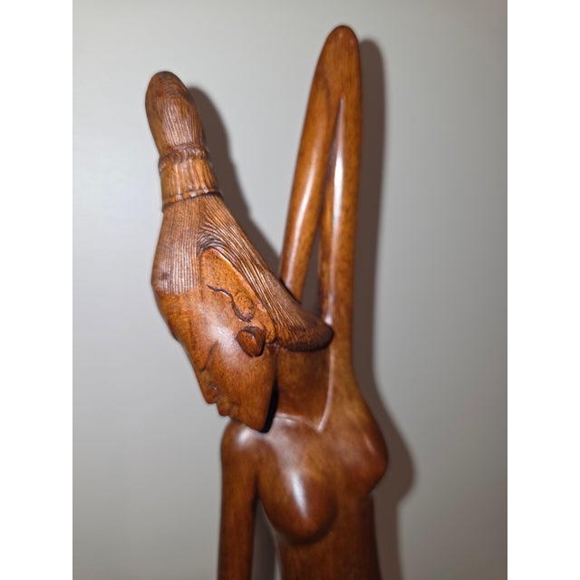 Large 21" Mid-Century Balinese Art Deco Macassar Ebony Wood Elongated Maiden Sculpture by a.a. Fatimah For Sale - Image 9 of 12